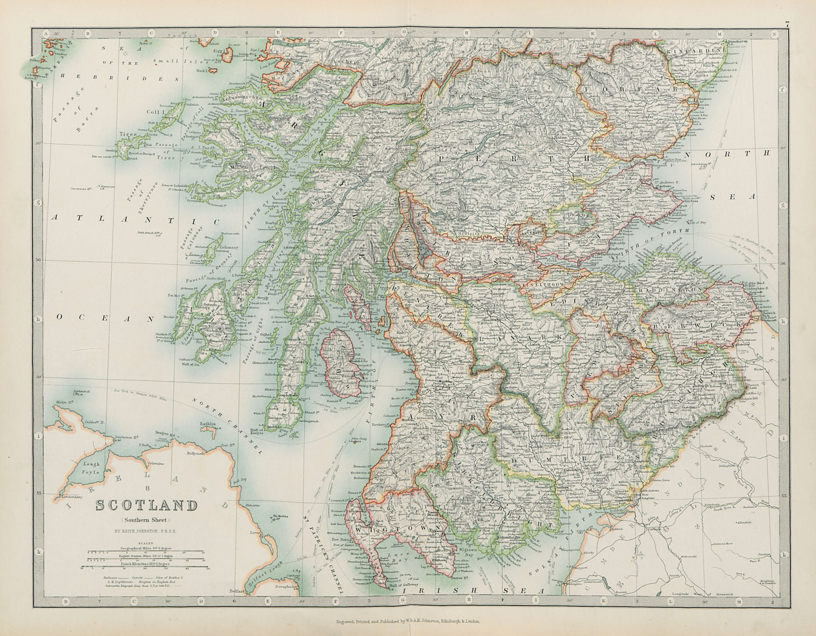 SCOTLAND SOUTH Borders Argyll Perthshire Fife Forfar Lanark JOHNSTON 1901 map